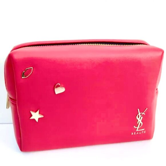 Yves Saint Laurent YSL Beaute Red Leather Embellished Cosmetic Pouch Travel Bag - Picture 5 of 11